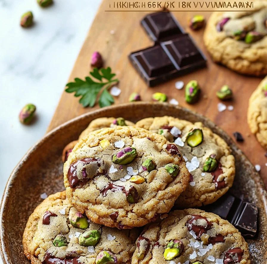 Delicious salted pistachio chocolate chunk cookies fresh from the oven