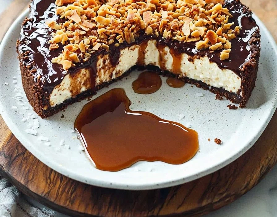 Delicious Samoa Cheesecake with chocolate, coconut, and caramel toppings