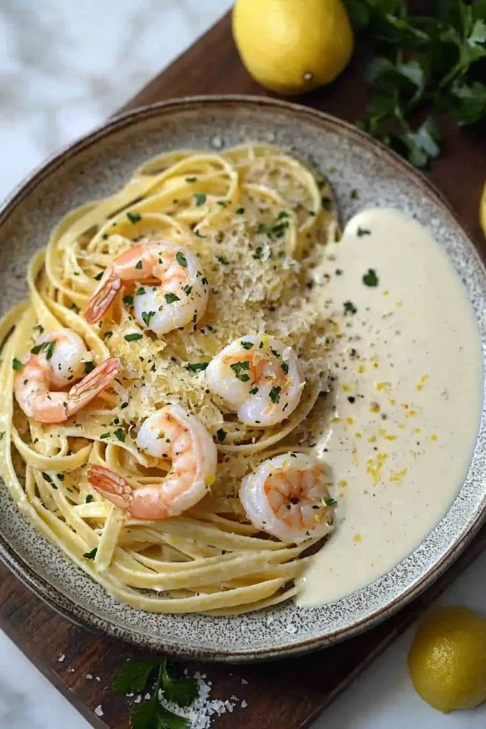 Shrimp Fettuccine with creamy lemon garlic sauce on a plate