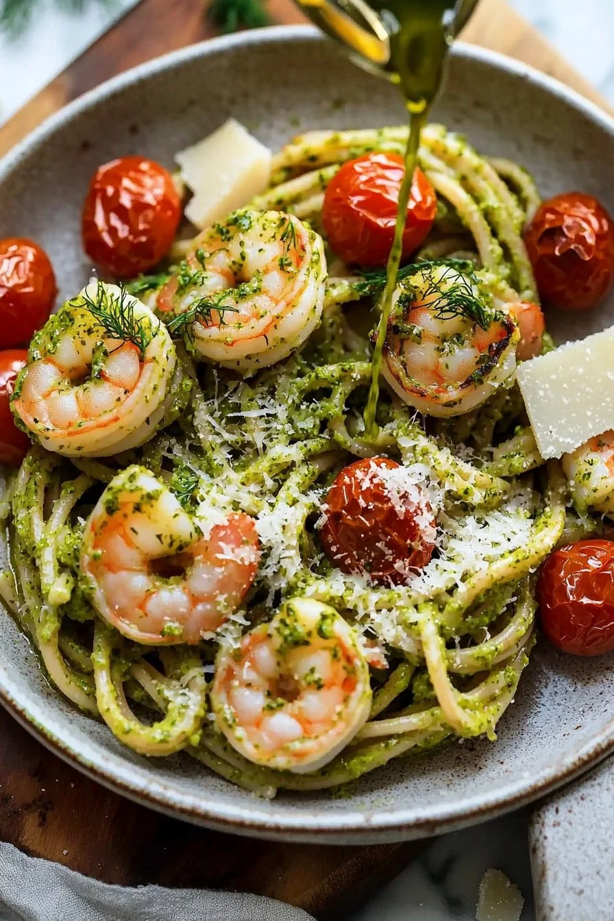 Shrimp Pasta with Dill Pesto and Garlic Roasted Tomatoes