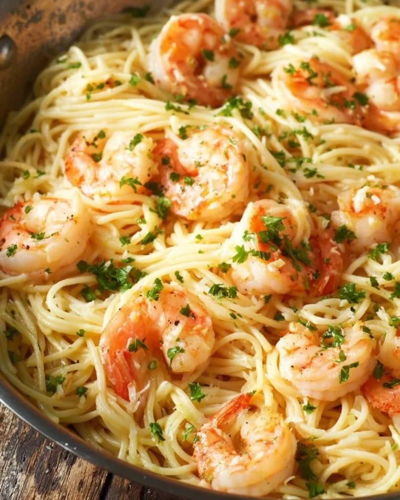Shrimp Scampi Pasta with garlic, butter, and spaghetti served in a plate