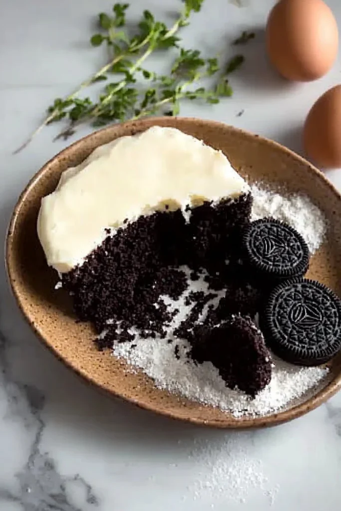 Delicious Simple Oreo Cake topped with crushed Oreos and whipped cream.