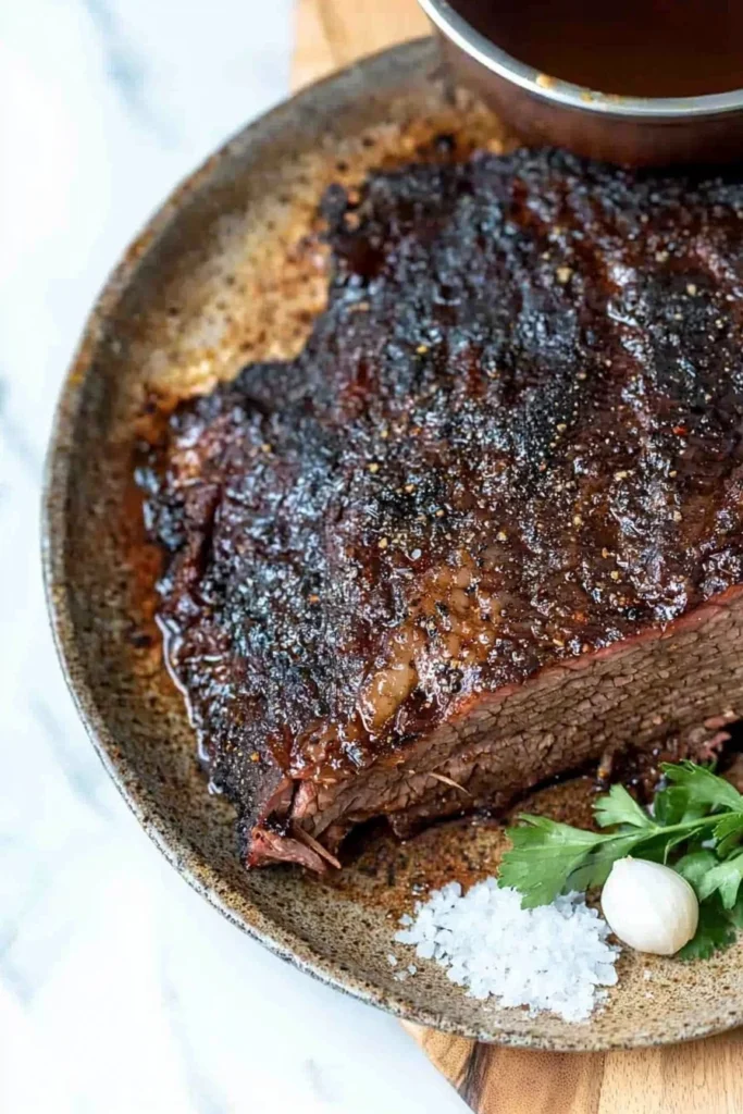 Juicy oven baked brisket sliced and ready to serve