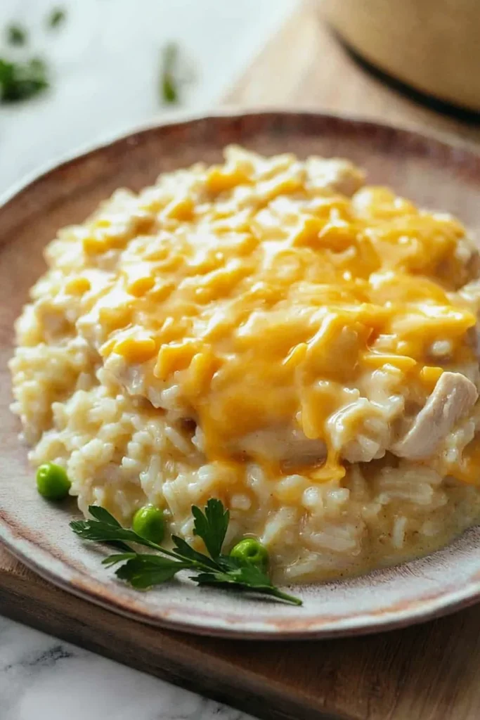 Slow cooker cheesy chicken and rice dish served with a side of vegetables