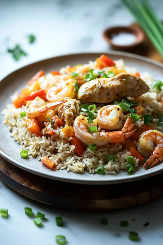 Delicious slow cooker chicken and shrimp rice dish garnished with herbs.