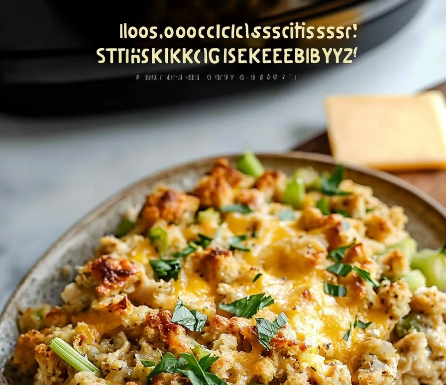 Slow Cooker Chicken Stuffing Casserole served in a dish