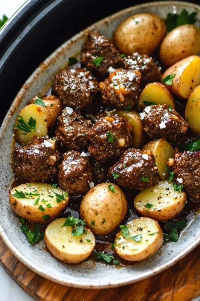 Slow Cooker Garlic Butter Beef Bites served with potatoes