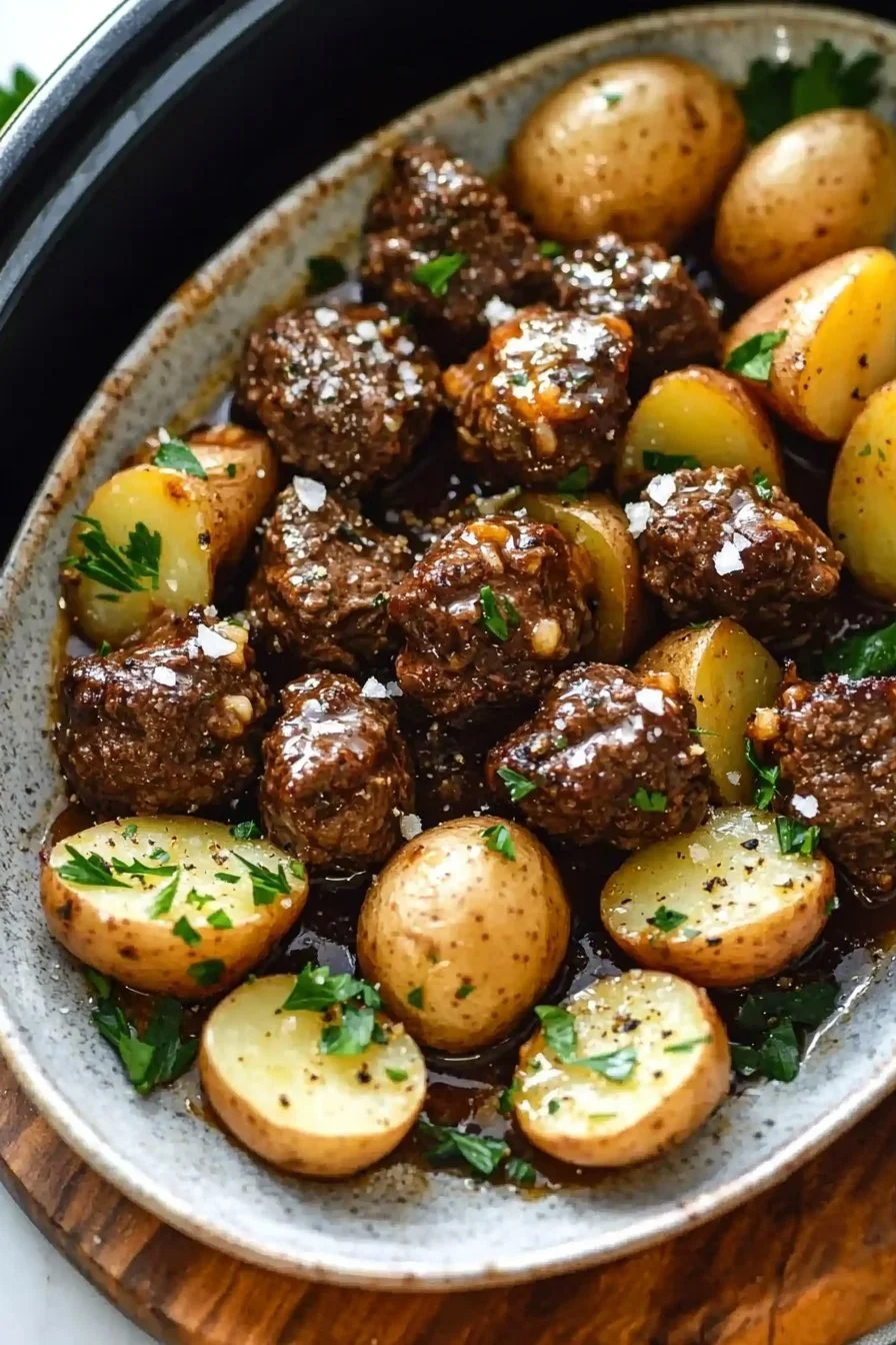Slow Cooker Garlic Butter Beef Bites with Potatoes
