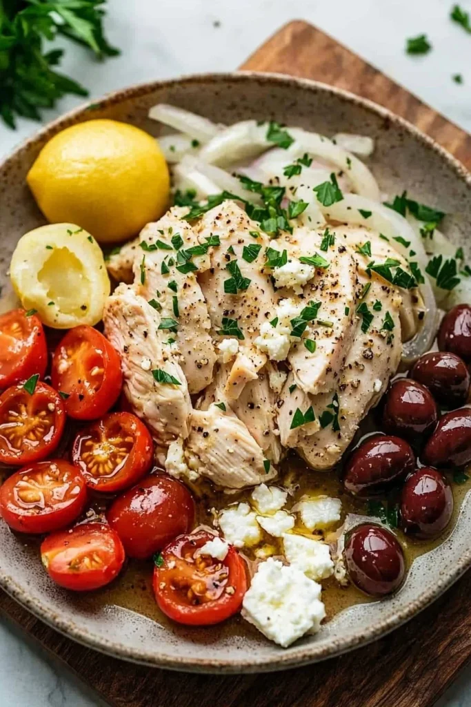Delicious Slow Cooker Greek Chicken Dinner served with olives and herbs