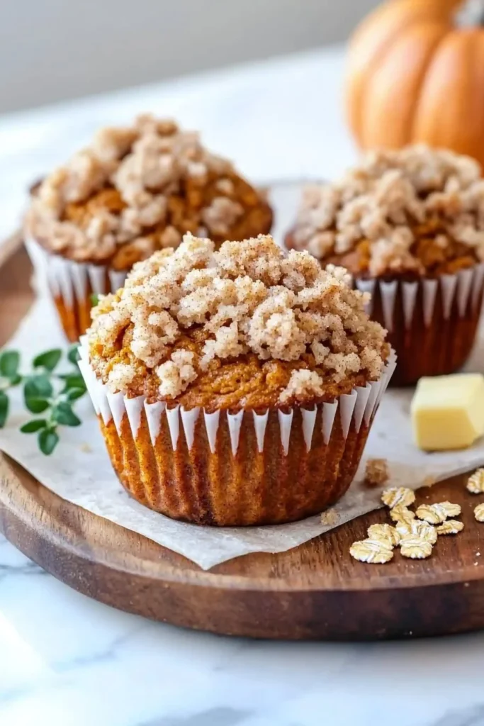 Small batch apple pumpkin streusel muffins on a wooden table