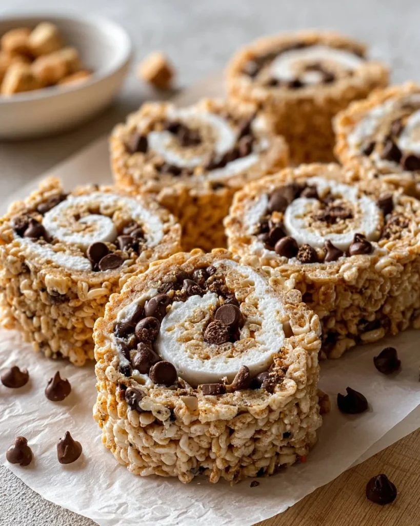 S'mores Rice Krispies Treats pinwheels with chocolate and marshmallows.