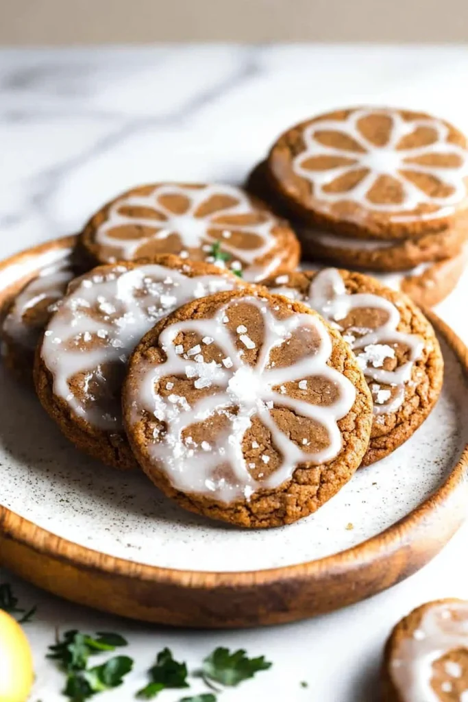 Soft glazed gingerbread cookies decorated with icing on a festive plate