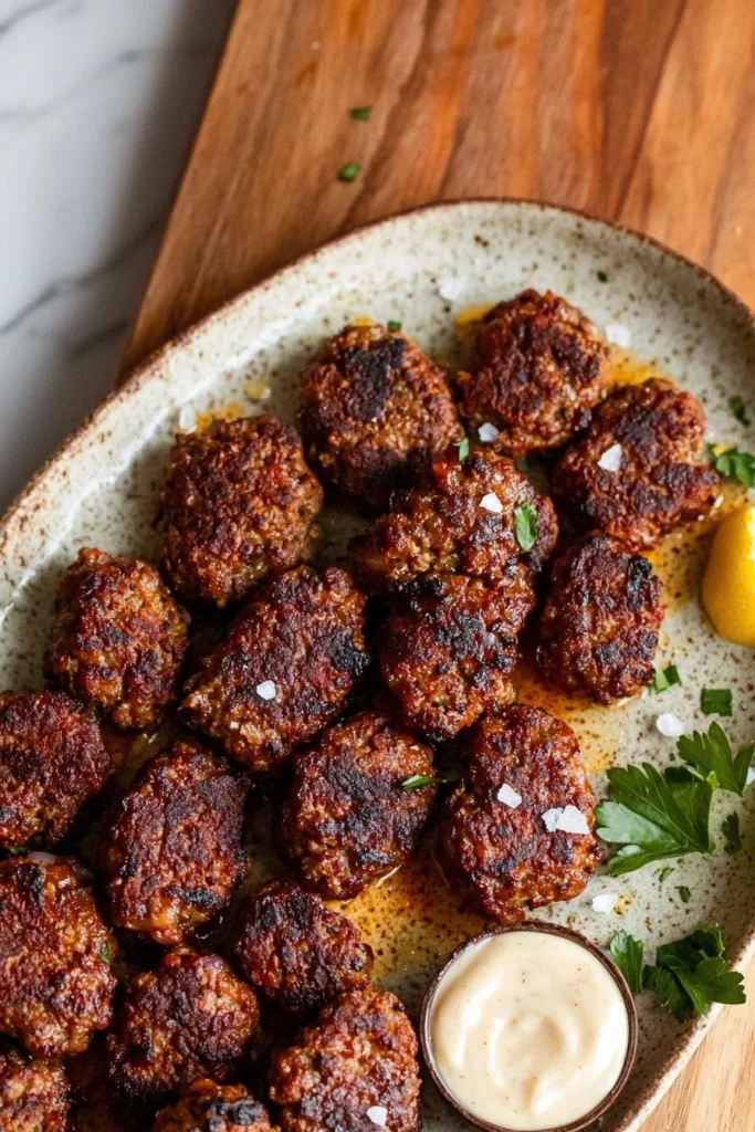 Spiced beef kofta served with tahini sauce on a plate
