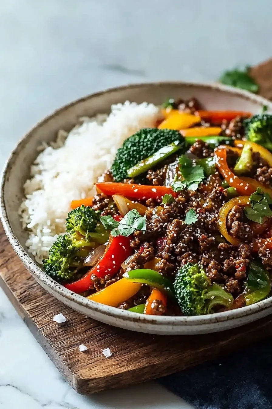 Spicy Ground Beef Stir-Fry Bowl with Garlic Veggies Delight