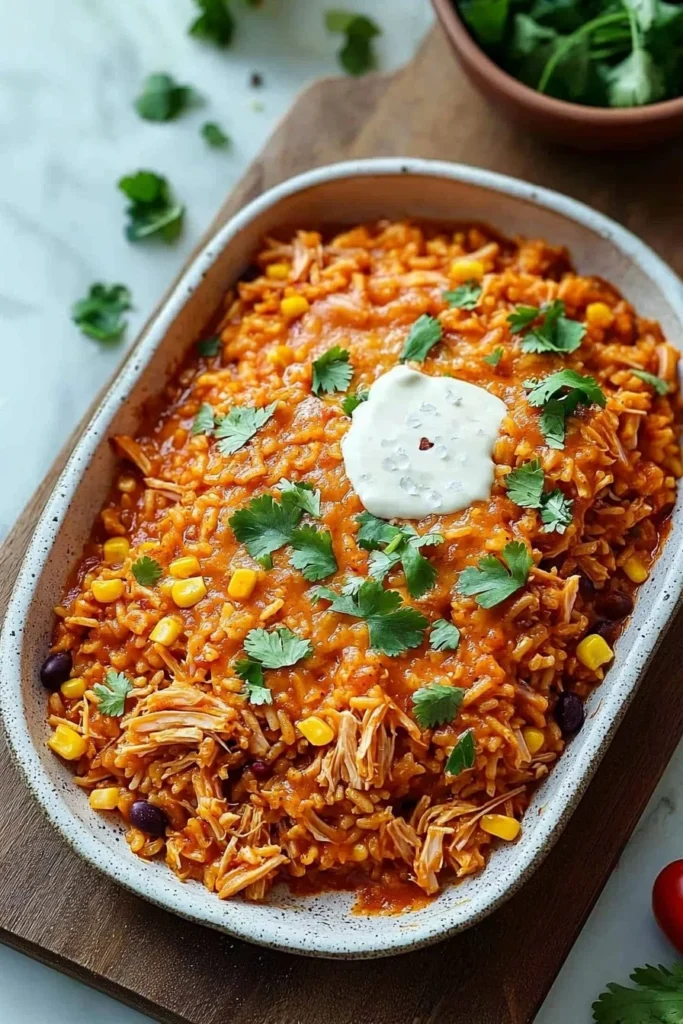 Spicy Jackfruit Rice Casserole topped with herbs and spices in a baking dish.