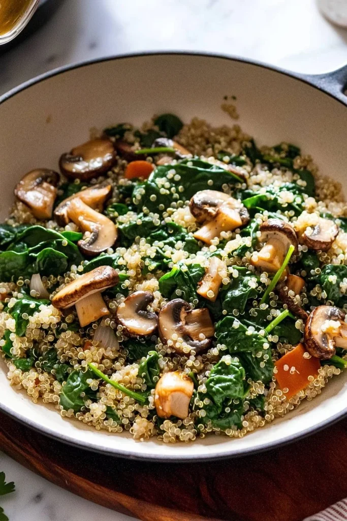 Delicious spinach mushroom quinoa skillet in a pan, ready to serve.