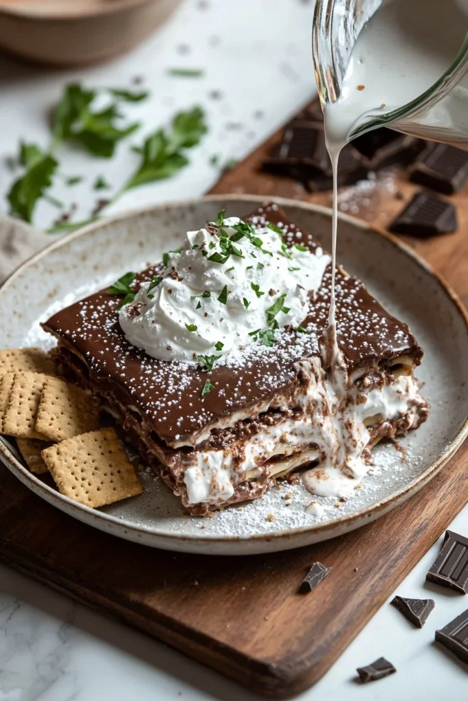 Spring Chocolate Lasagna dessert with layers of rich chocolate
