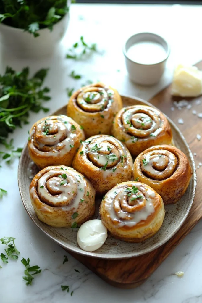 Freshly baked spring cinnamon rolls topped with icing and cinnamon.
