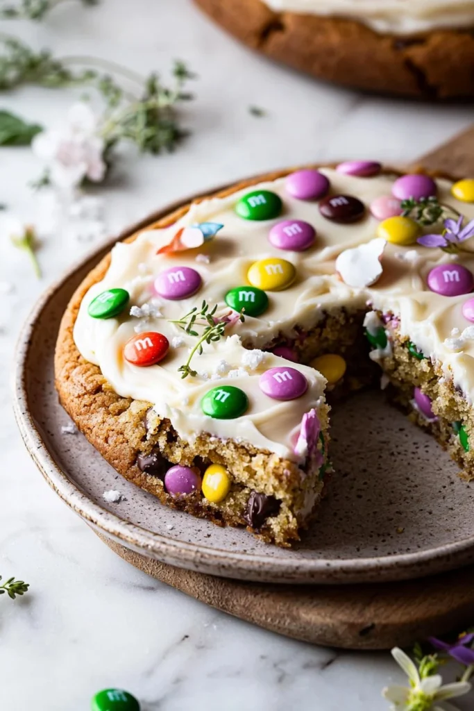 Freshly baked spring cookie cake decorated with vibrant flowers and colorful sprinkles