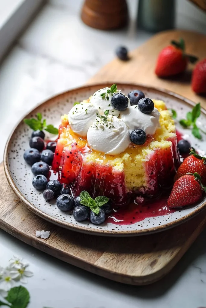 A slice of colorful Spring Poke Cake topped with whipped cream and fruit.