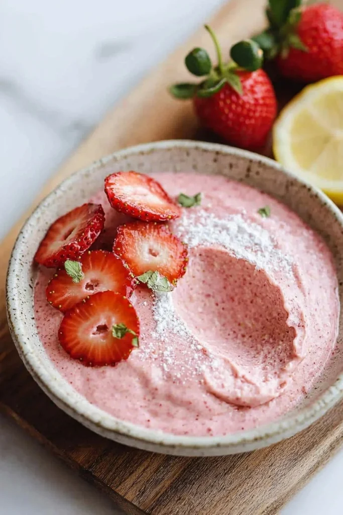 Delicious strawberry aquafaba mousse topped with fresh strawberries