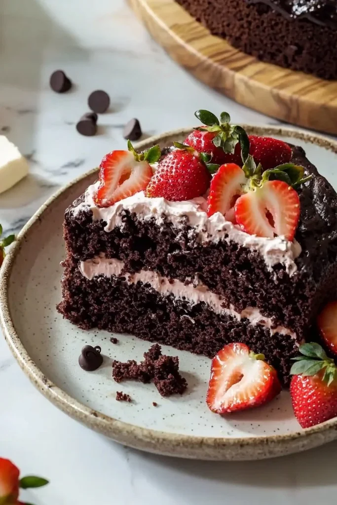 Delicious strawberry chocolate cake with fresh strawberries and rich chocolate icing.