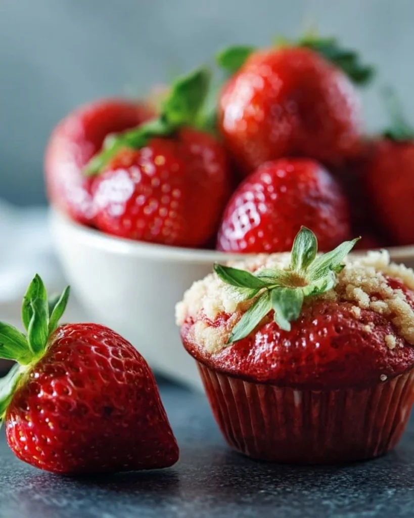 Freshly baked strawberry coffee cake muffins with a crumbly topping
