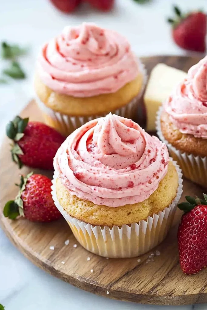 Delicious strawberry cupcakes with pink strawberry frosting on a decorative platter.