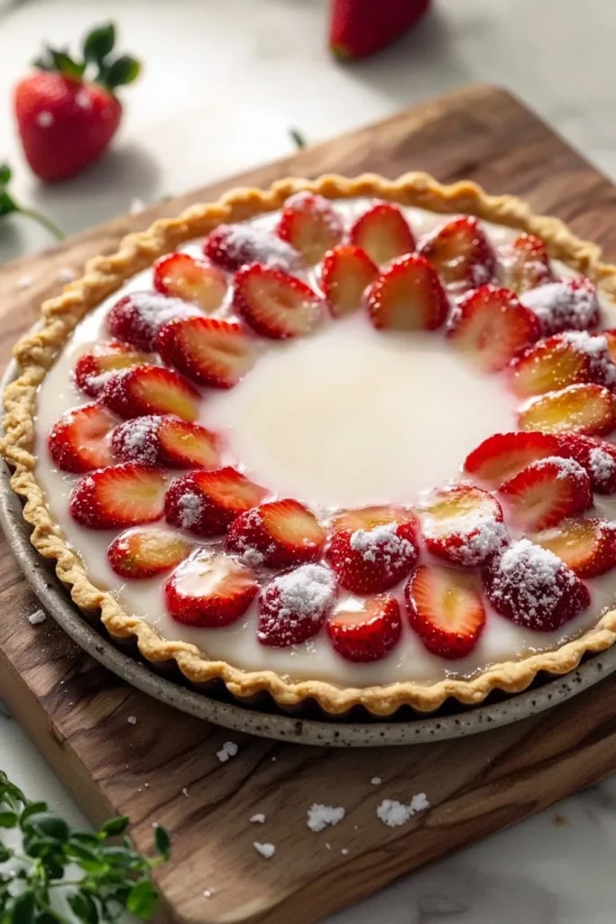 Delicious strawberry custard tart topped with fresh strawberries in a pastry shell