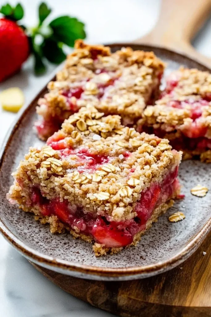Freshly baked strawberry oatmeal crumble bars on a wooden table