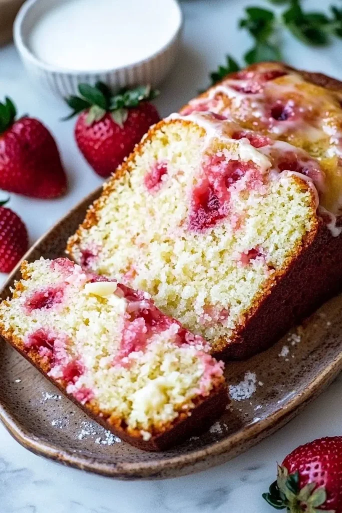 Delicious homemade Strawberry Pound Cake with fresh strawberries on top