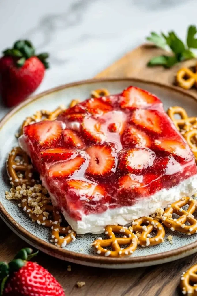 Delicious strawberry pretzel salad with strawberries and pretzel crust