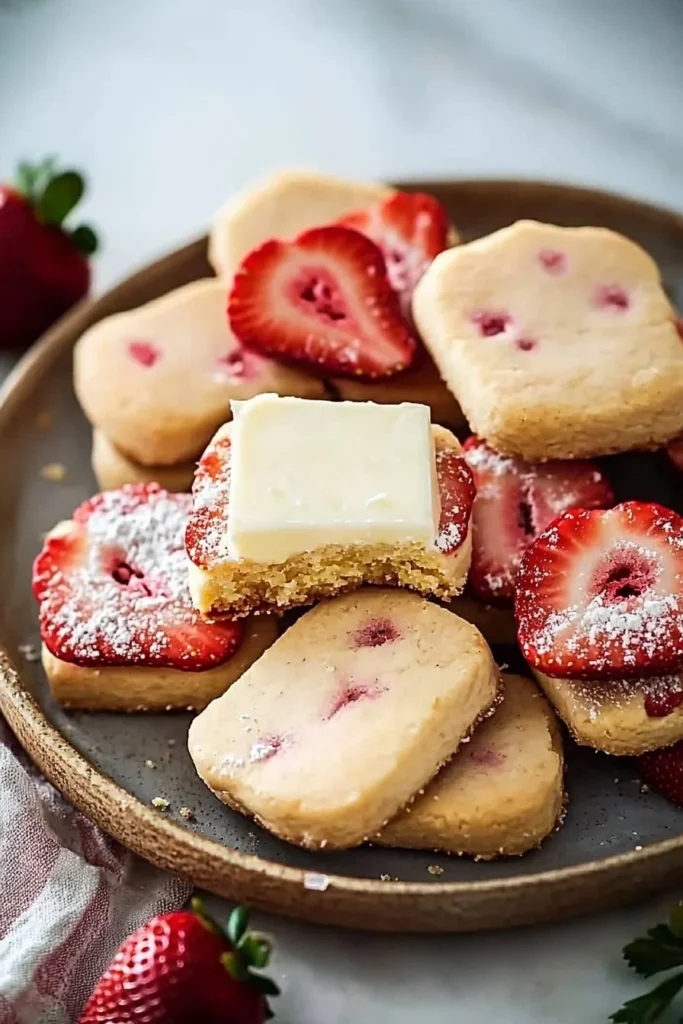 Delicious strawberry shortbread cookies with fresh strawberries on a plate.