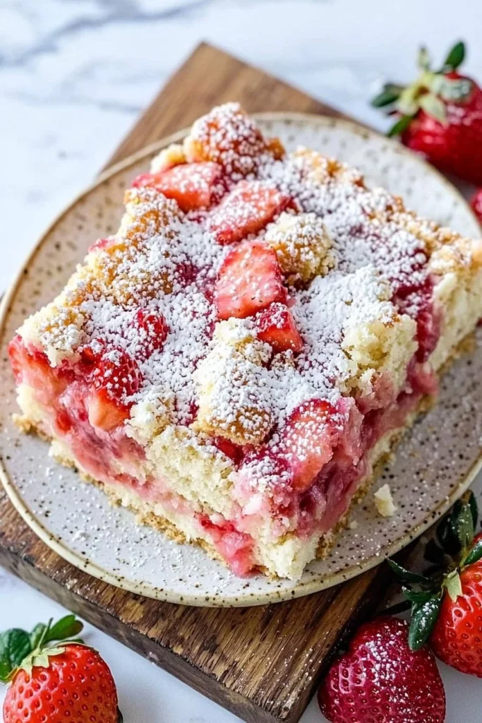 Delicious strawberry shortcake bars topped with fresh strawberries and whipped cream