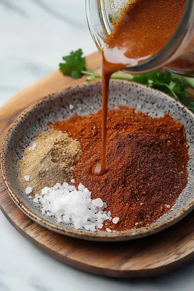 Homemade taco seasoning in a jar with fresh ingredients and spices