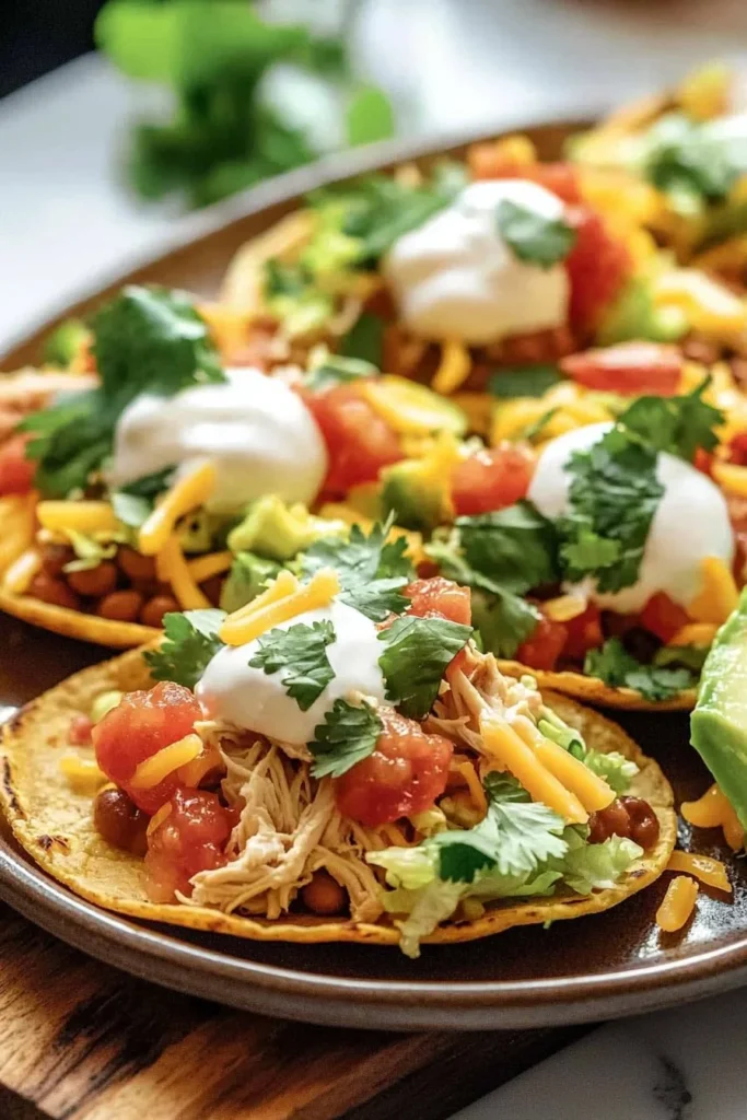 Delicious platter of rotisserie chicken tostadas with vibrant toppings.