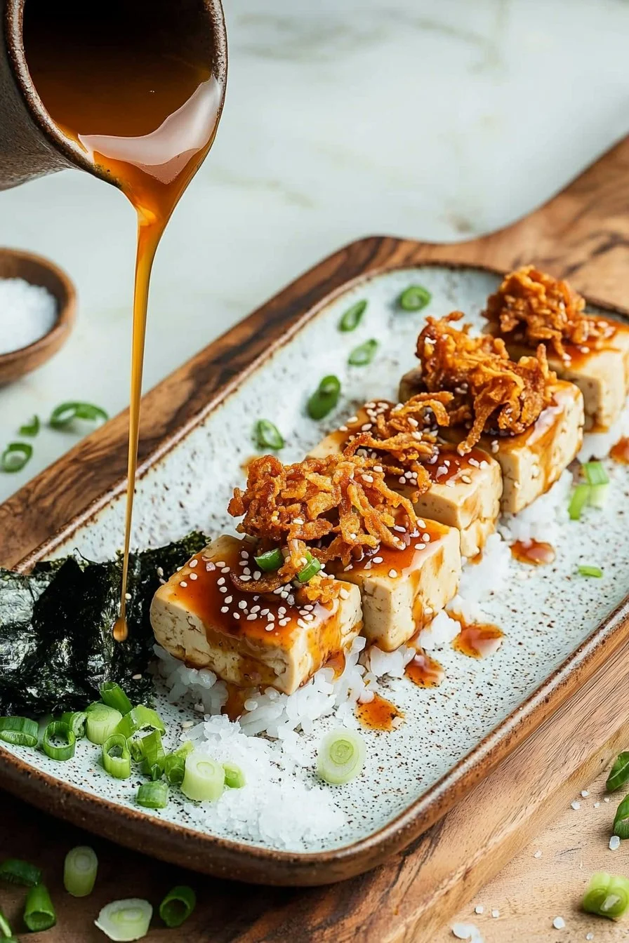 Teriyaki Tofu Nigiri with Crispy Shallots