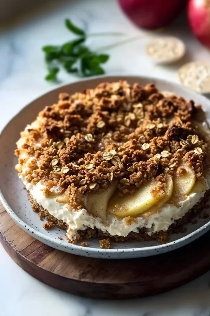 Delicious apple crumble cheesecake with cream and crumble topping