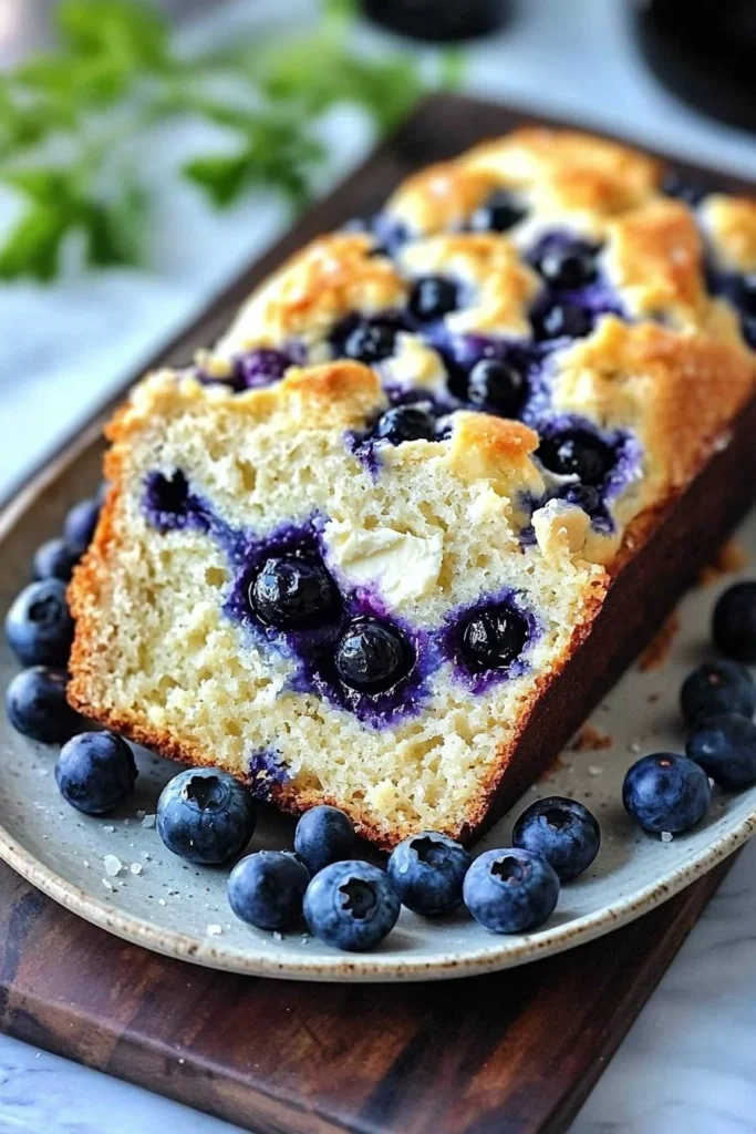 Freshly baked blueberry cream cheese bread on a wooden cutting board