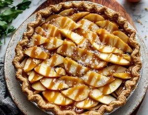 Delicious caramel apple pie topped with caramel drizzle and served on a rustic plate