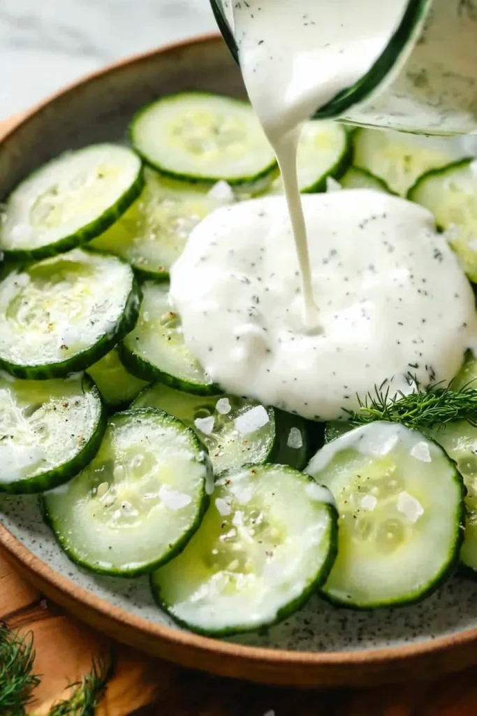 Delicious creamy cucumbers served in a bowl with herbs