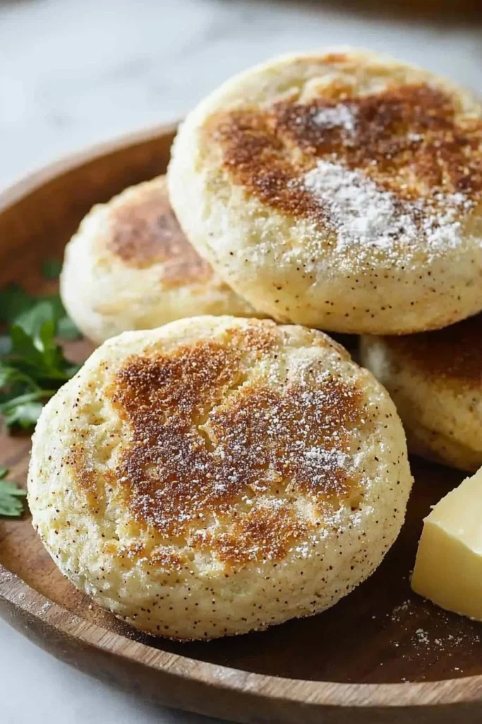 Freshly baked English muffins with a golden crust and soft interior