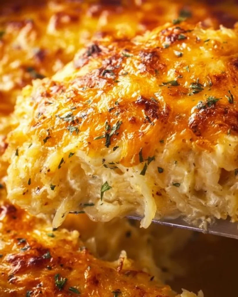Delicious hashbrown casserole with cheese and crispy toppings