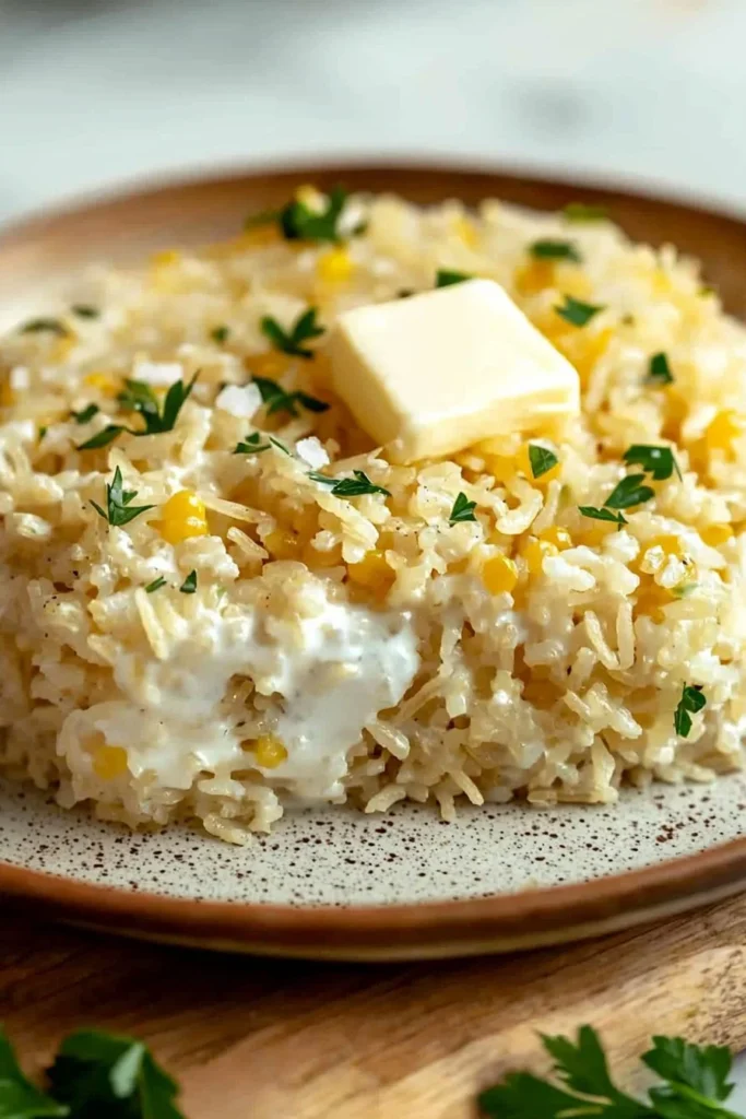 Creamy sour cream rice served in a bowl with fresh herbs on top.