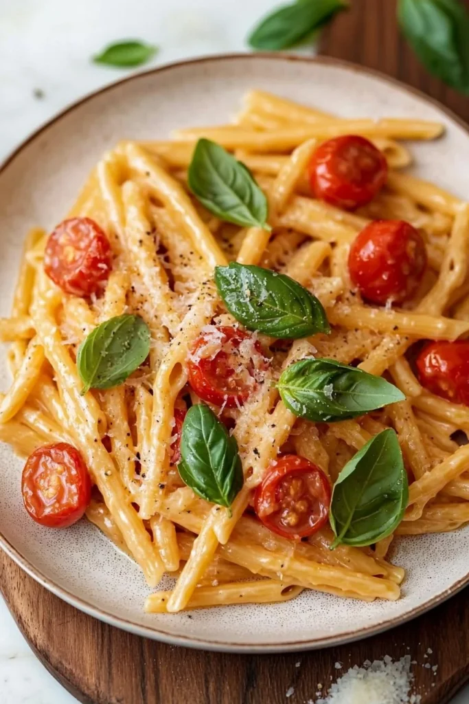 A bowl of flavorful Tomato Basil Pasta with fresh basil leaves and tomatoes.