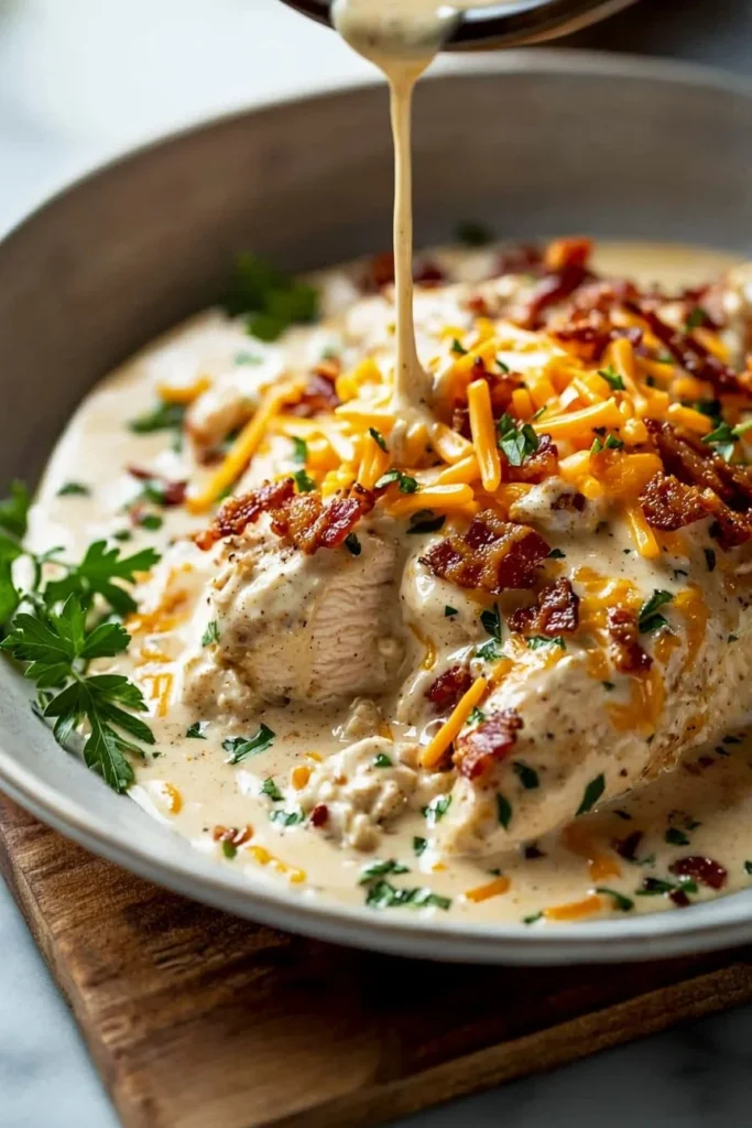 Ultimate Creamy Crockpot Marry Me Chicken served on a plate with herbs.
