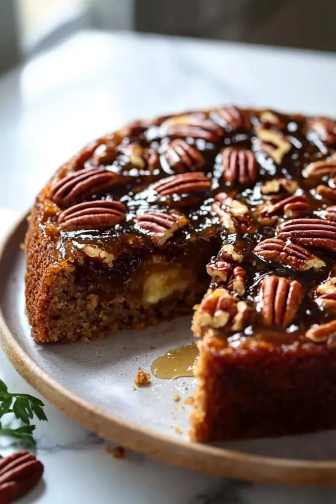 Ultimate Gooey Pecan Upside Down Cake with caramel and pecans