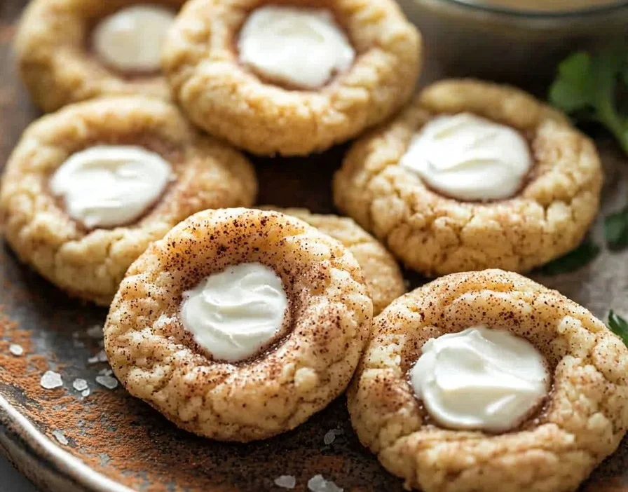 Vanilla Cream Snickerdoodle Thumbprint Cookies topped with cream