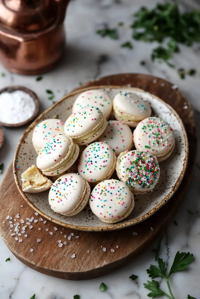 Deliciously colorful Vanilla Sprinkle Macarons displayed on a decorative plate.