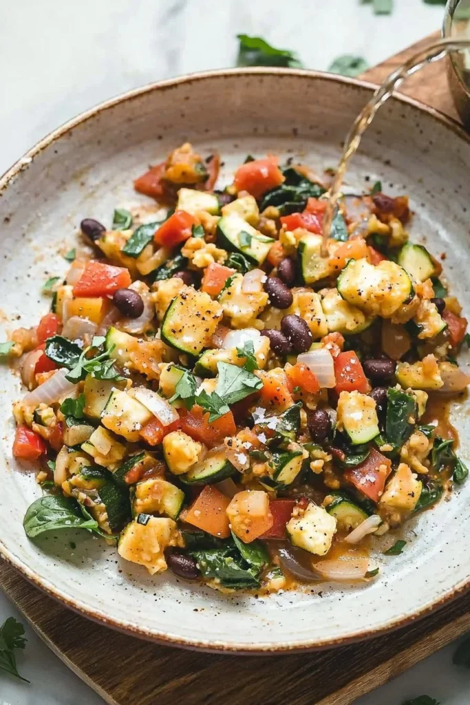 Colorful Vegan Breakfast Skillet loaded with vegetables and plant-based protein